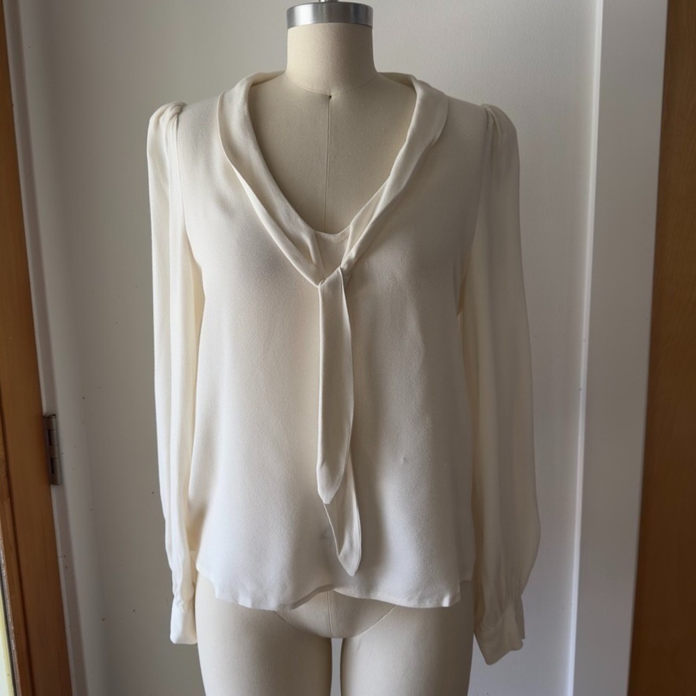 Reformation Anaya Tie Front Blouse-Shawl Collar Bow Top-Ivory-Size‎ S